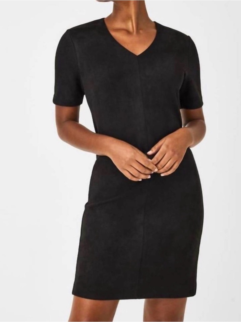 SPANX • Size M • Black V-Neck Faux Suede Mini Column Dress
